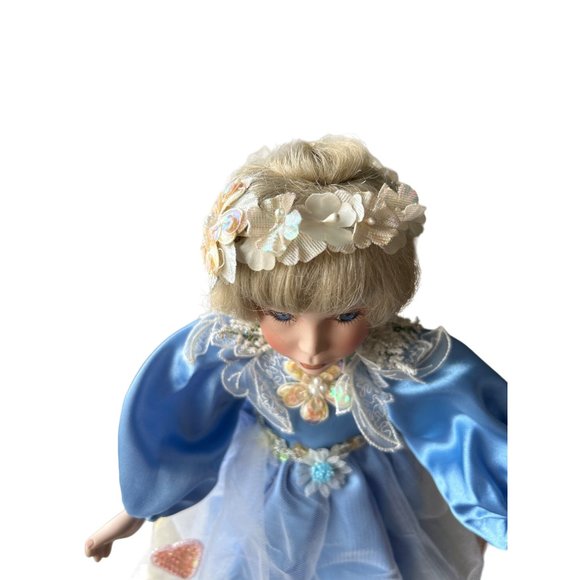 Vintage Porcelain Doll, Blue Satin Dress, 14 Inches Tall - Doll Stand Included - Picture 7 of 12